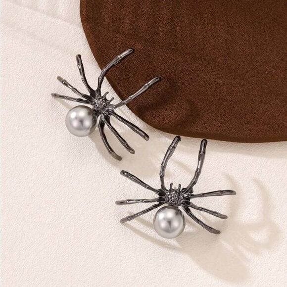 Gothic Large Spider Earrings, Light Gray Pearl Body, Black Legs, - Picture 1 of 5